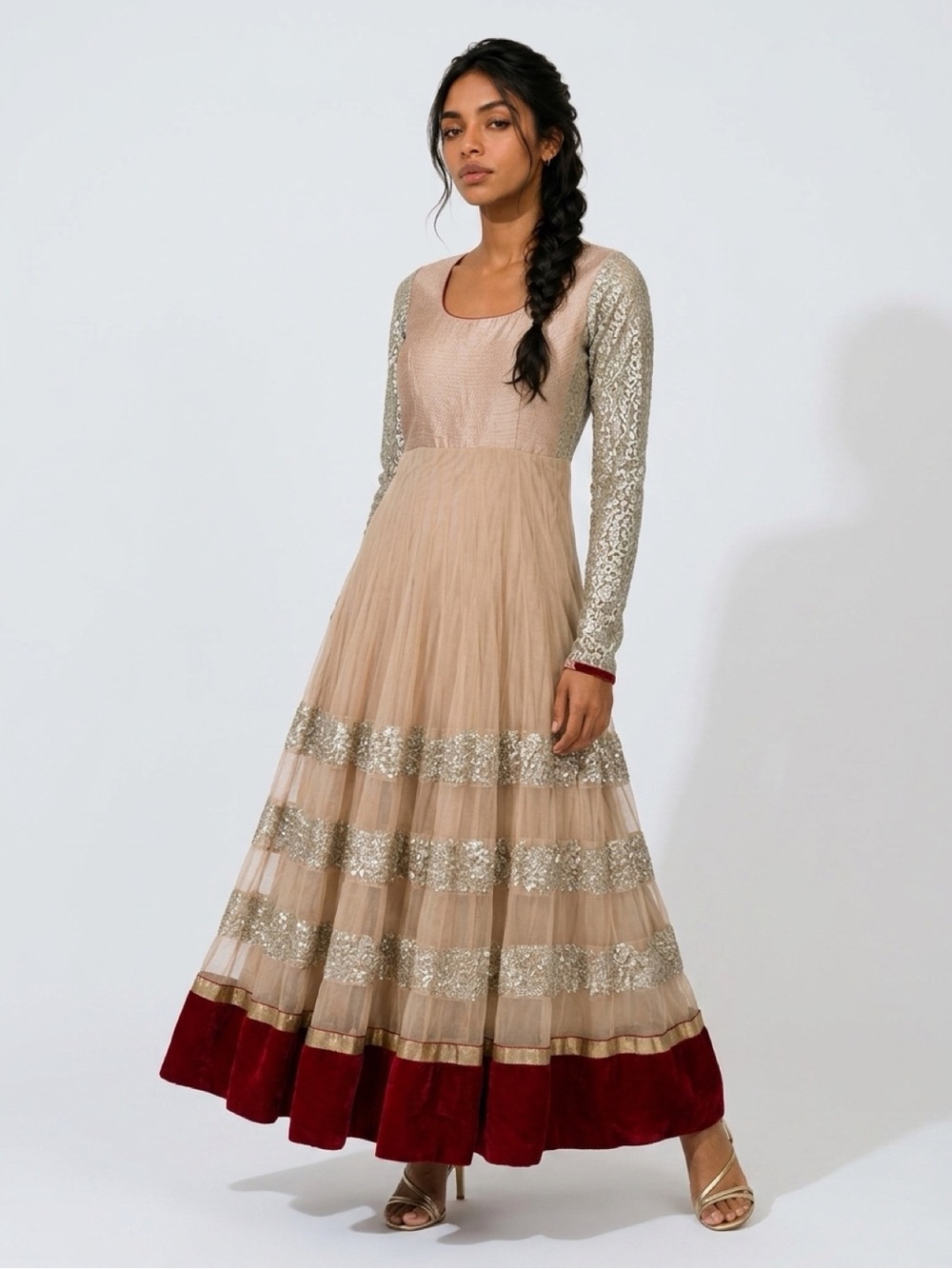 Elegant Beige & Red velvet Long Sleeve Anarkali Dress